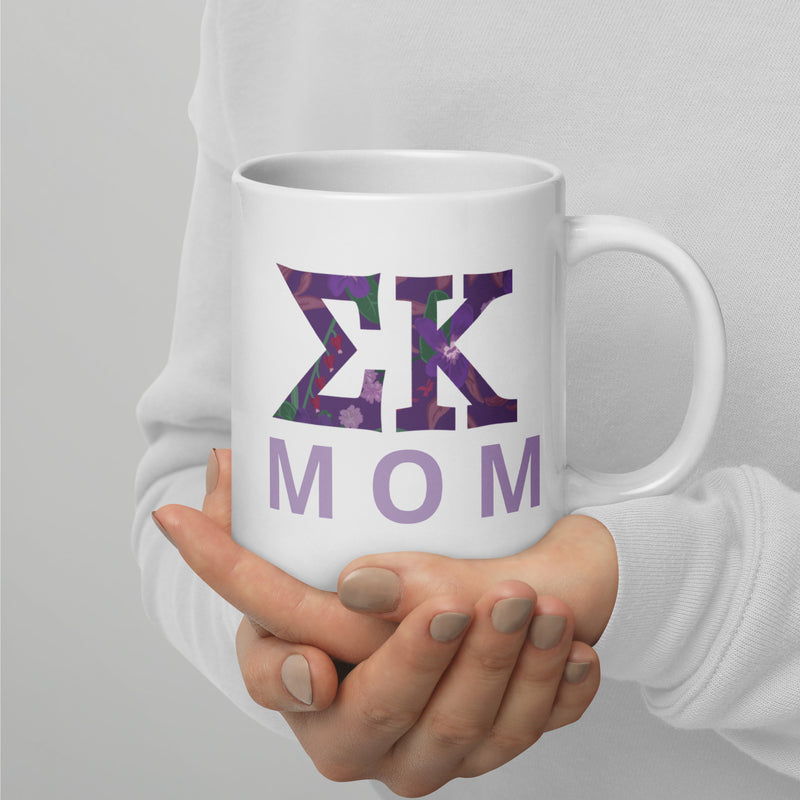 Sigma Kappa Mom 20 oz Mug showing filled letters on white mug in model&