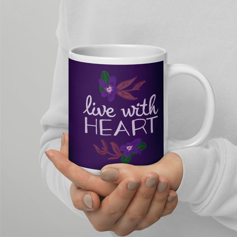 Sigma Kappa Live with Heart Motto Mug in violet shown in 20 oz size in model&