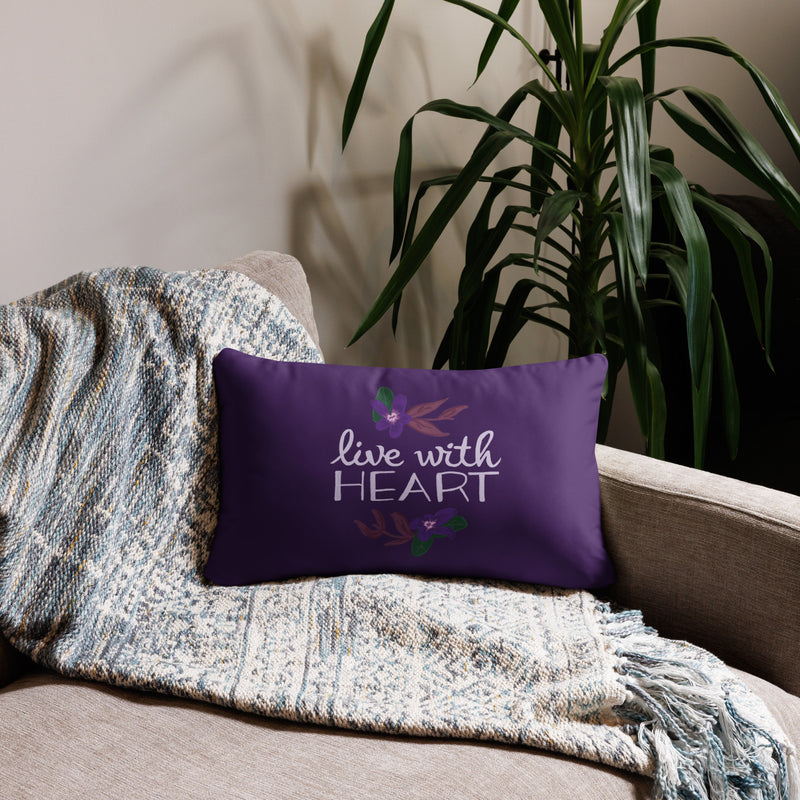 Sigma Kappa Live with Heart reversible pillow in 20" x 12" lumbar pillow size in purple shown on couch