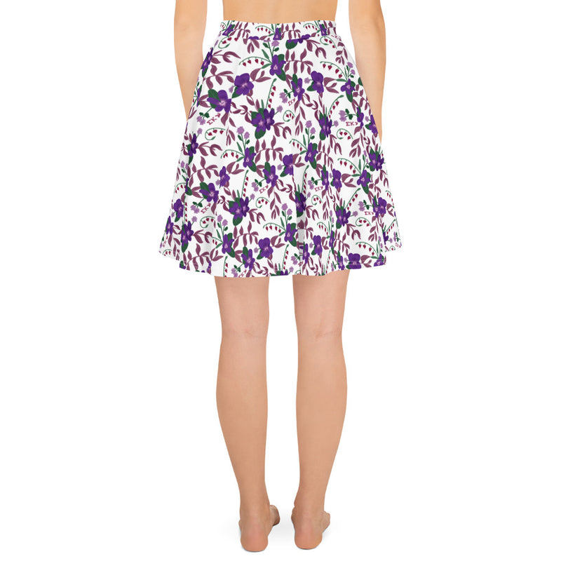 Sigma Kappa skater skirt in white violet print shown on model in rear view