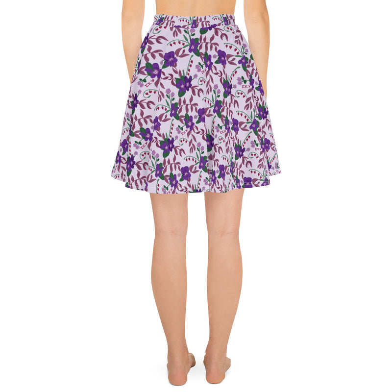 Sigma Kappa violet floral skirt in rear view on model
