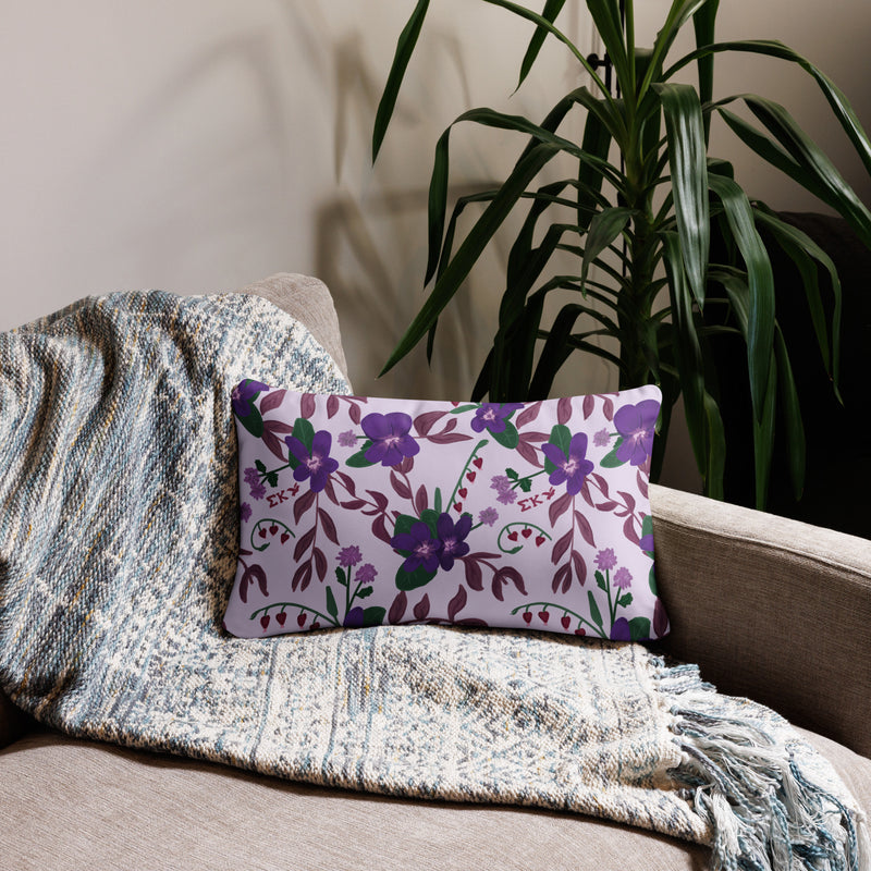sigma kappa sorority pillow in 20" x 12" lumbar pillow size showing violet print on back