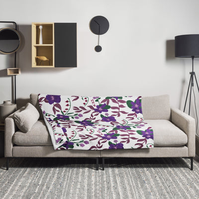 Sigma Kappa Violet Floral Print Blanket in white with violet floral print shown in 50" x 60" size