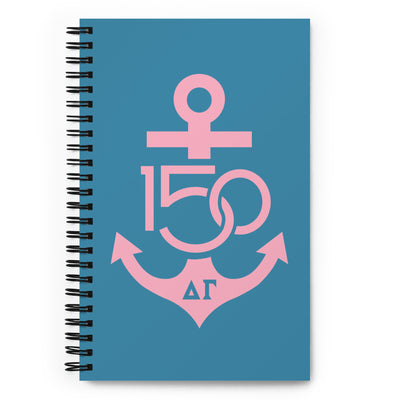 Delta Gamma 150th Anniversary Spiral Notebook in turquoise andn pink in close up view