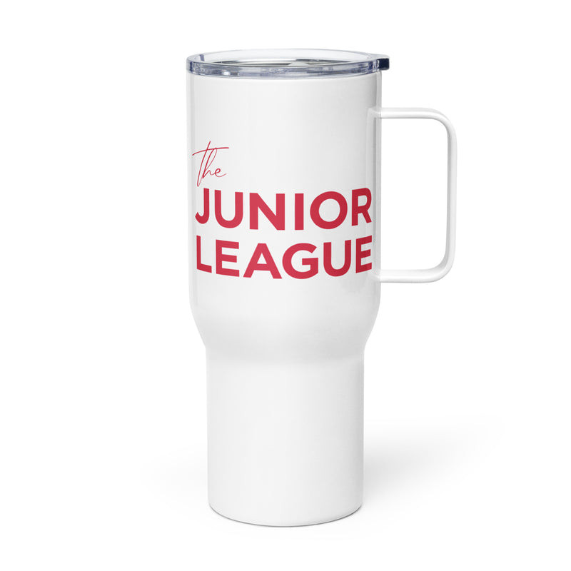 The Junior League Insulated Travel Mug with handle on right