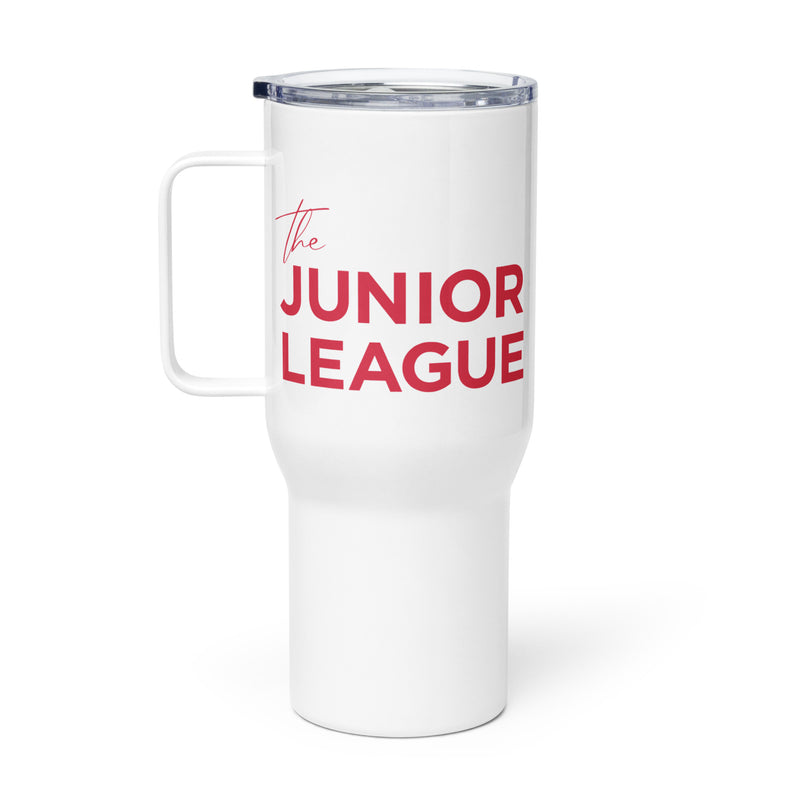 The Junior League Insulated Travel Mug with handle on left