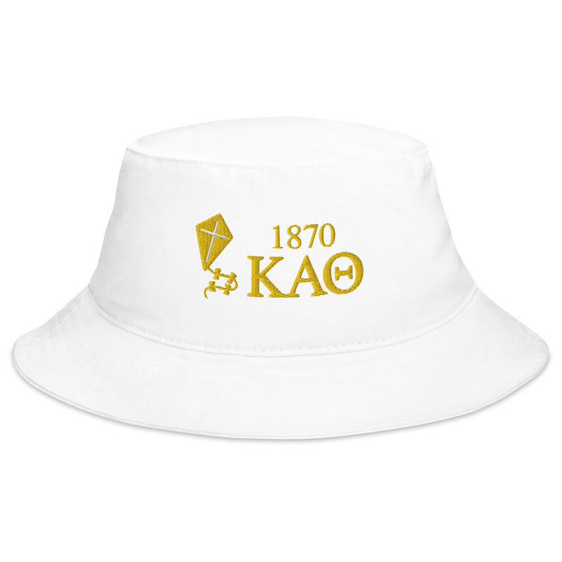 Kappa Alpha Theta White Embroidered Bucket Hat in close up view