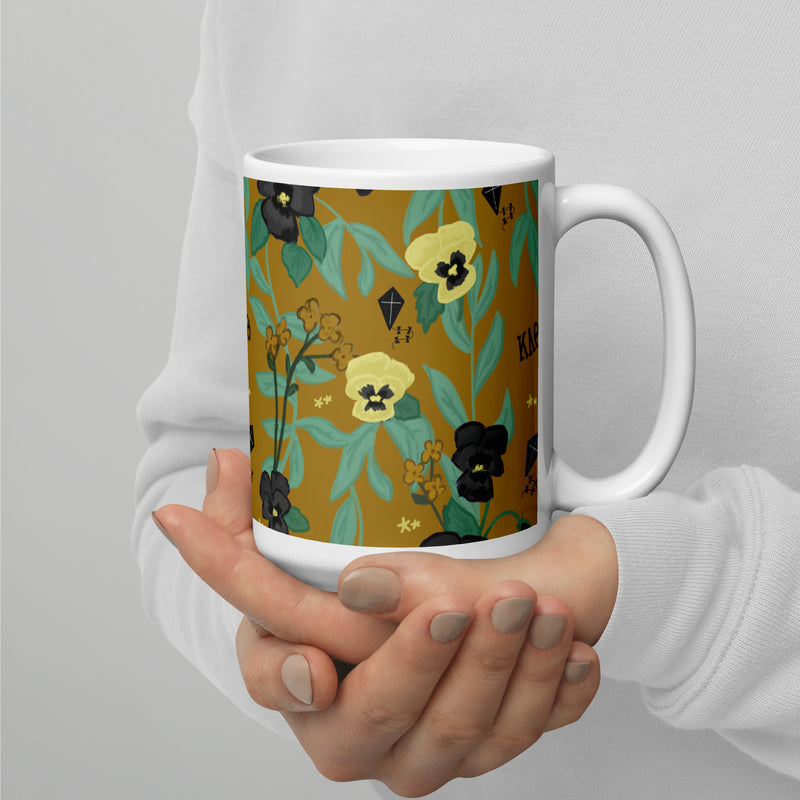 Kappa Alpha Theta Floral Sorority Mug in gold 15 oz size in model&