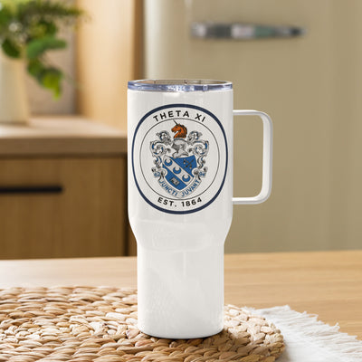 Theta Xi Travel Mug with Fraternity crest in kitchen scene