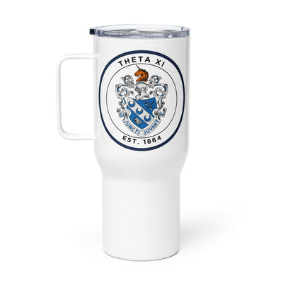 Theta Xi Crest on white stainless steel travel mug