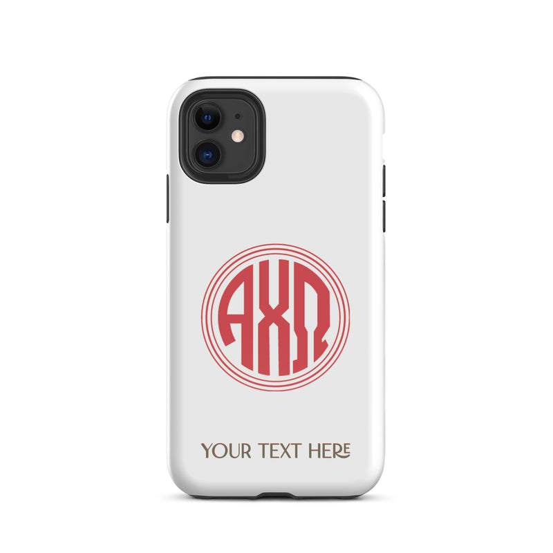 Tough case for iPhone 11 with glossy finish and Alpha Chi Omega monogram in red on white phone case