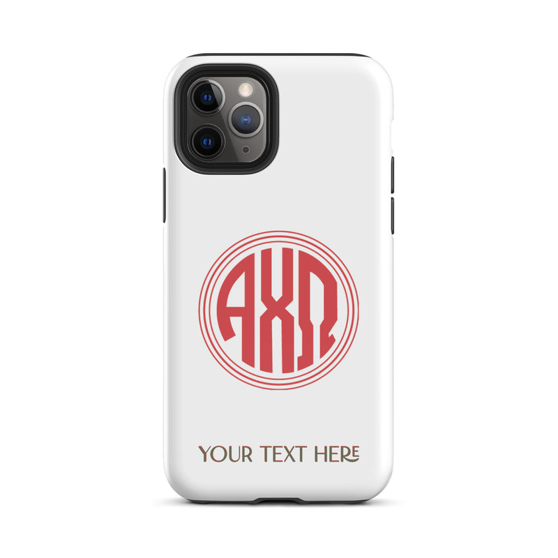 Tough case for iPhone 11 Pro with glossy finish and Alpha Chi Omega monogram in red on white phone case