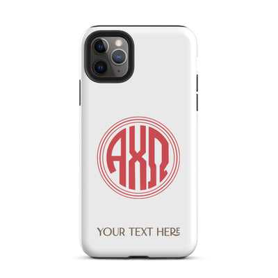 Tough case for iPhone 11 Pro Max with glossy finish and Alpha Chi Omega monogram in red on white phone case