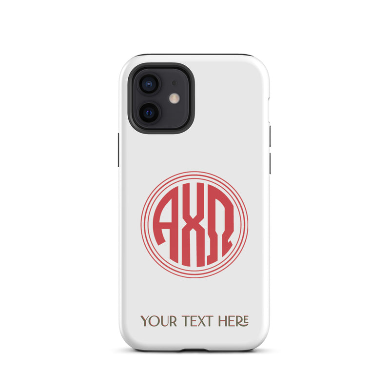 Tough case for iPhone 12 with glossy finish and Alpha Chi Omega monogram in red on white phone case