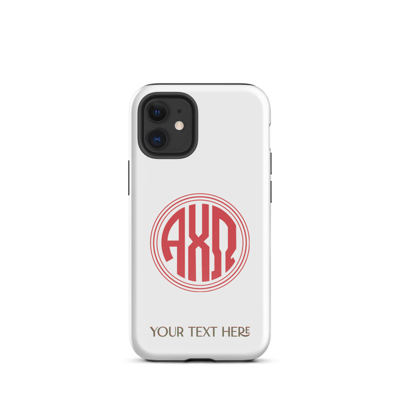 Tough case for iPhone 12 mini with glossy finish and Alpha Chi Omega monogram in red on white phone case