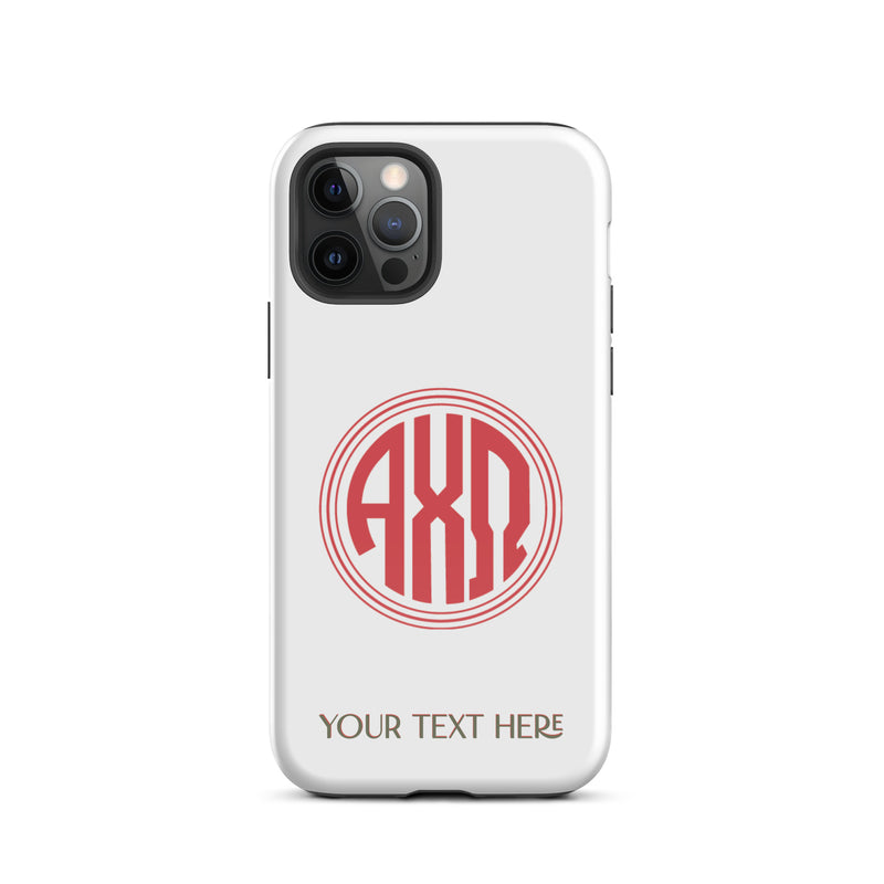 Tough case for iPhone 12 Pro with glossy finish and Alpha Chi Omega monogram in red on white phone case