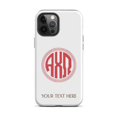 Tough case for iPhone 12 Pro Max with glossy finish and Alpha Chi Omega monogram in red on white phone case