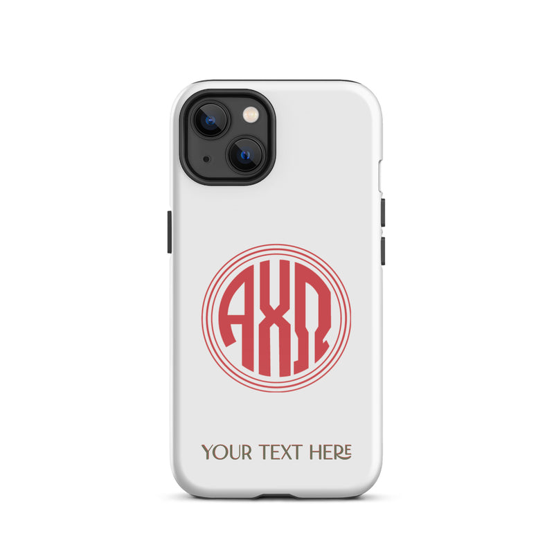 Tough case for iPhone 13 with glossy finish and Alpha Chi Omega monogram in red on white phone case
