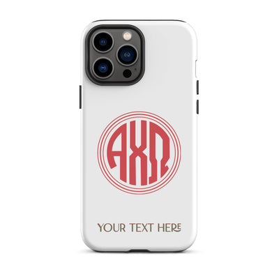 Tough case for iPhone 13 Pro Max with glossy finish and Alpha Chi Omega monogram in red on white phone case
