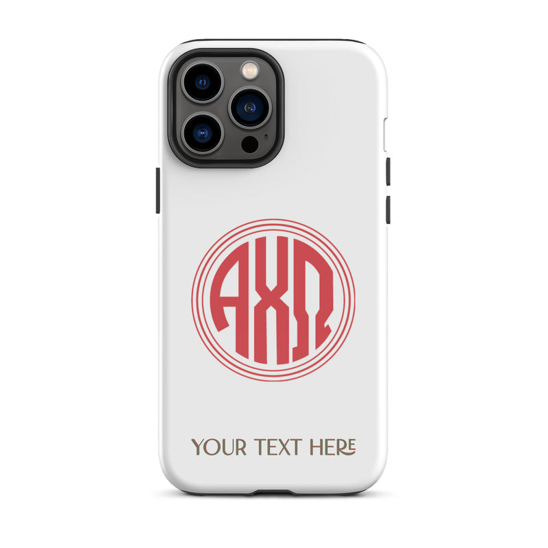 Tough case for iPhone 13 Pro Max with glossy finish and Alpha Chi Omega monogram in red on white phone case