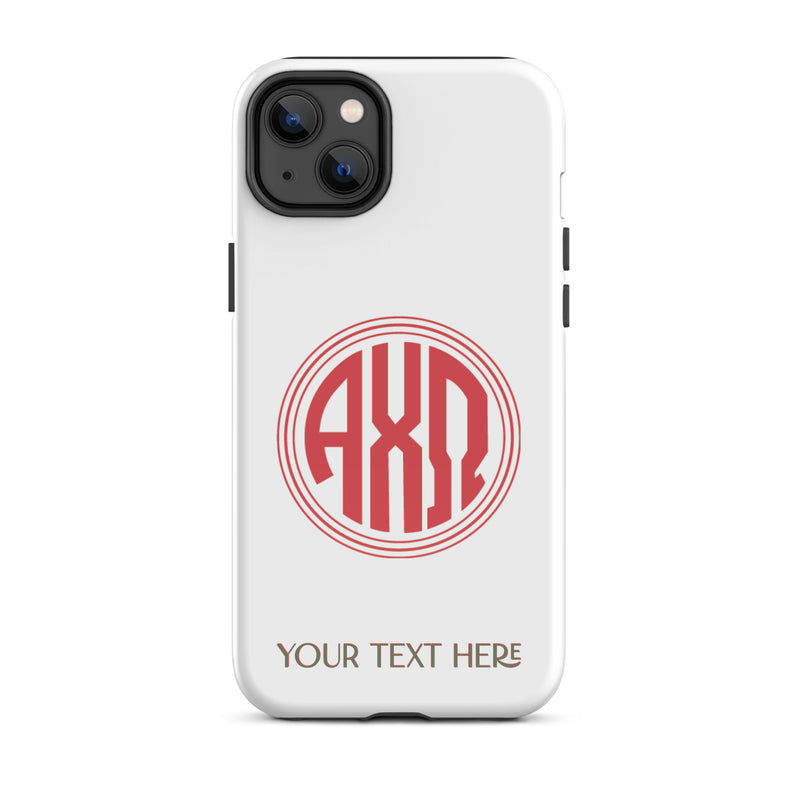 Tough case for iPhone 14 Plus with glossy finish and Alpha Chi Omega monogram in red on white phone case