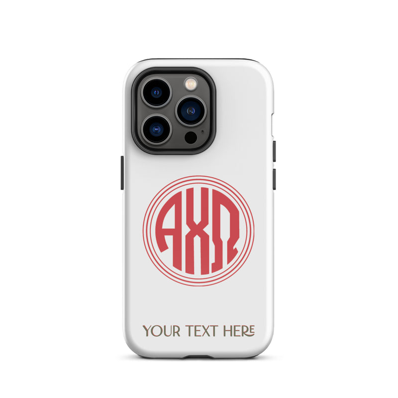 Tough case for iPhone 14 Pro with glossy finish and Alpha Chi Omega monogram in red on white phone case