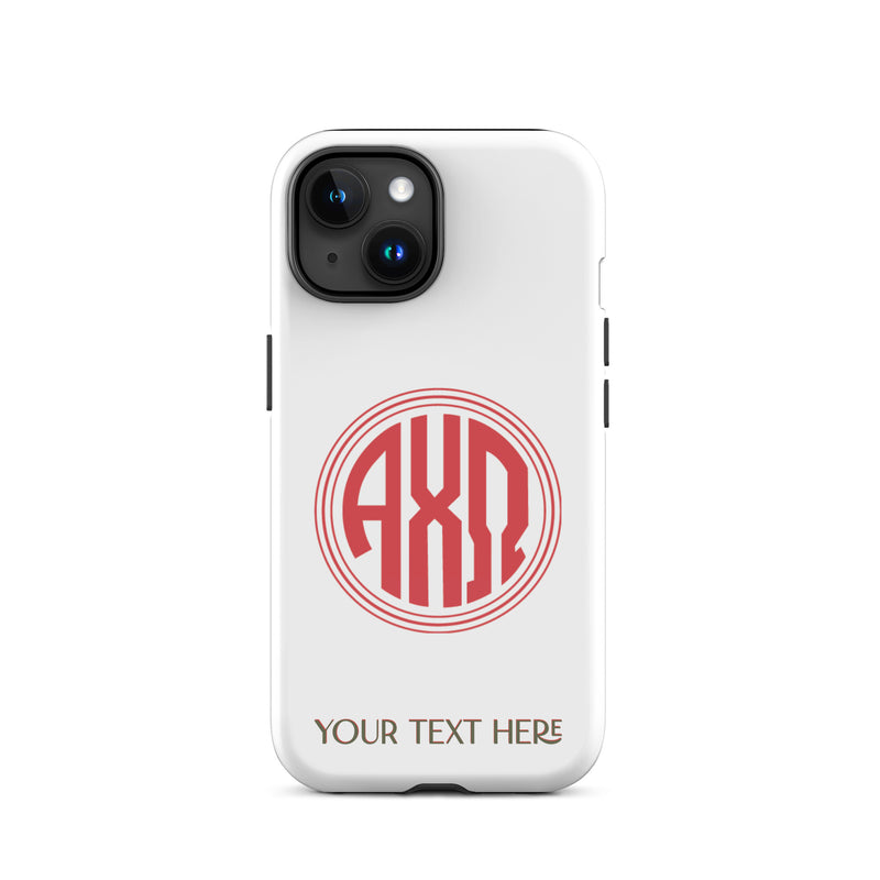 Tough case for iPhone 15 with glossy finish and Alpha Chi Omega monogram in red on white phone case
