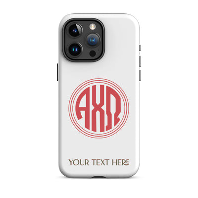 Tough case for iPhone 15 Pro Max glossy finish and Alpha Chi Omega monogram in red on white phone case