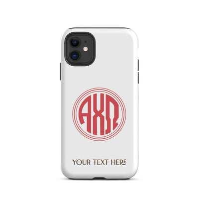 Tough case for iPhone 11 with matte finish and Alpha Chi Omega monogram in red on white phone case