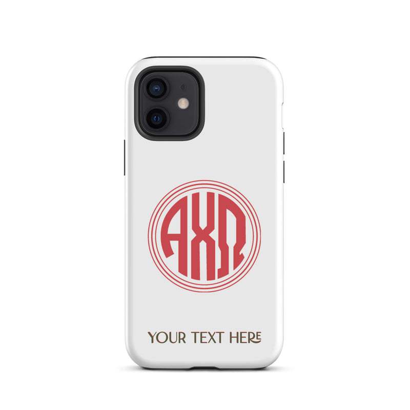 Tough case for iPhone 11 Pro with matte finish and Alpha Chi Omega monogram in red on white phone case