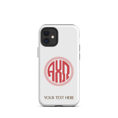 Tough case for iPhone 12 mini with matte finish and Alpha Chi Omega monogram in red on white phone case
