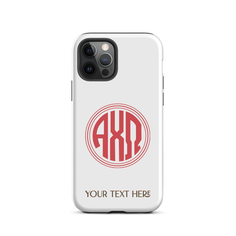Tough case for iPhone 12 Pro with matte finish and Alpha Chi Omega monogram in red on white phone case