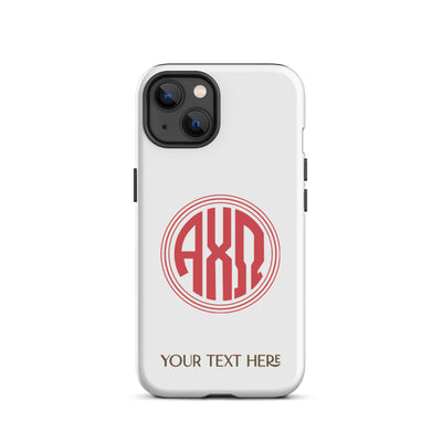 Tough case for iPhone 13 with matte finish and Alpha Chi Omega monogram in red on white phone case