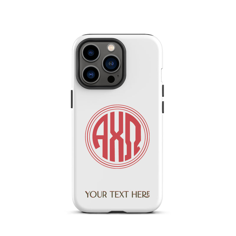 Tough case for iPhone 13 Pro with matte finish and Alpha Chi Omega monogram in red on white phone case