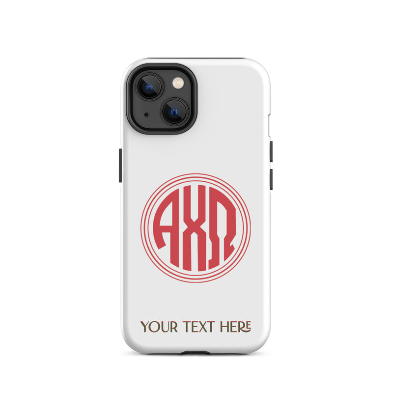 Tough case for iPhone 14 with matte finish and Alpha Chi Omega monogram in red on white phone case