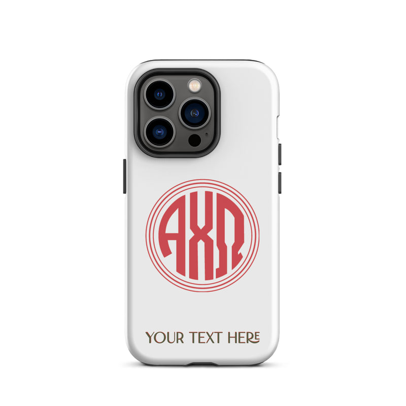 Tough case for iPhone 14 Pro with matte finish and Alpha Chi Omega monogram in red on white phone case