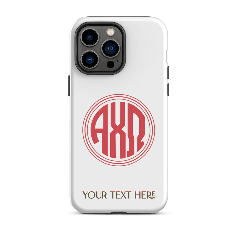 Tough case for iPhone 14 Pro Max matte finish and Alpha Chi Omega monogram in red on white phone case