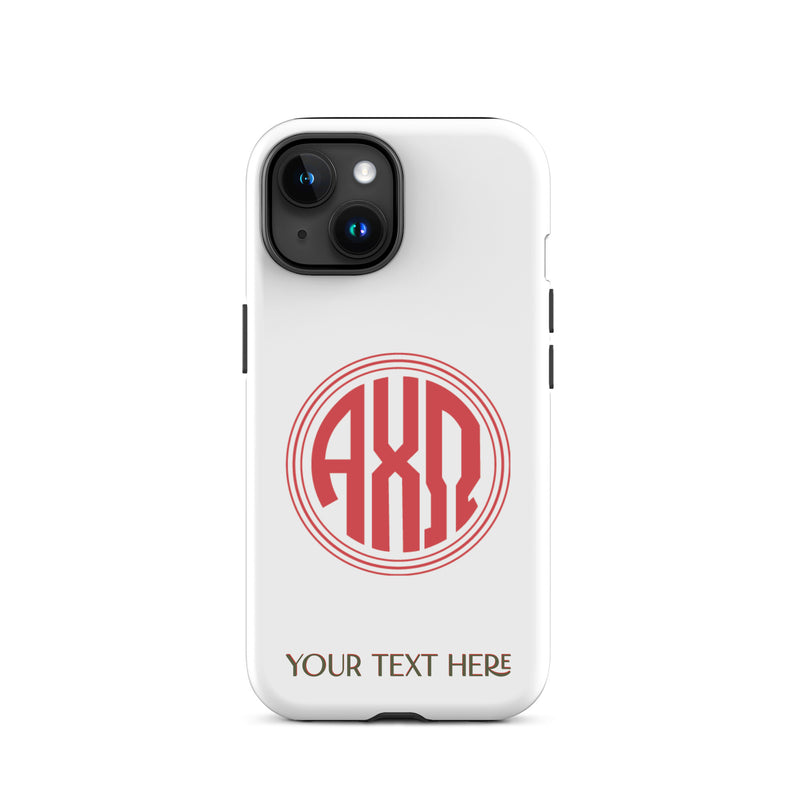 Tough case for iPhone 15 matte finish and Alpha Chi Omega monogram in red on white phone case