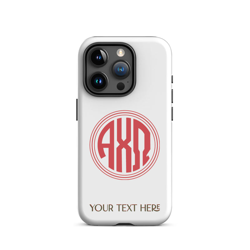 Tough case for iPhone 15 Pro matte finish and Alpha Chi Omega monogram in red on white phone case