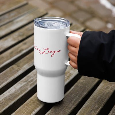 Junior League Insulated Travel Mug with Script Design in model's hand