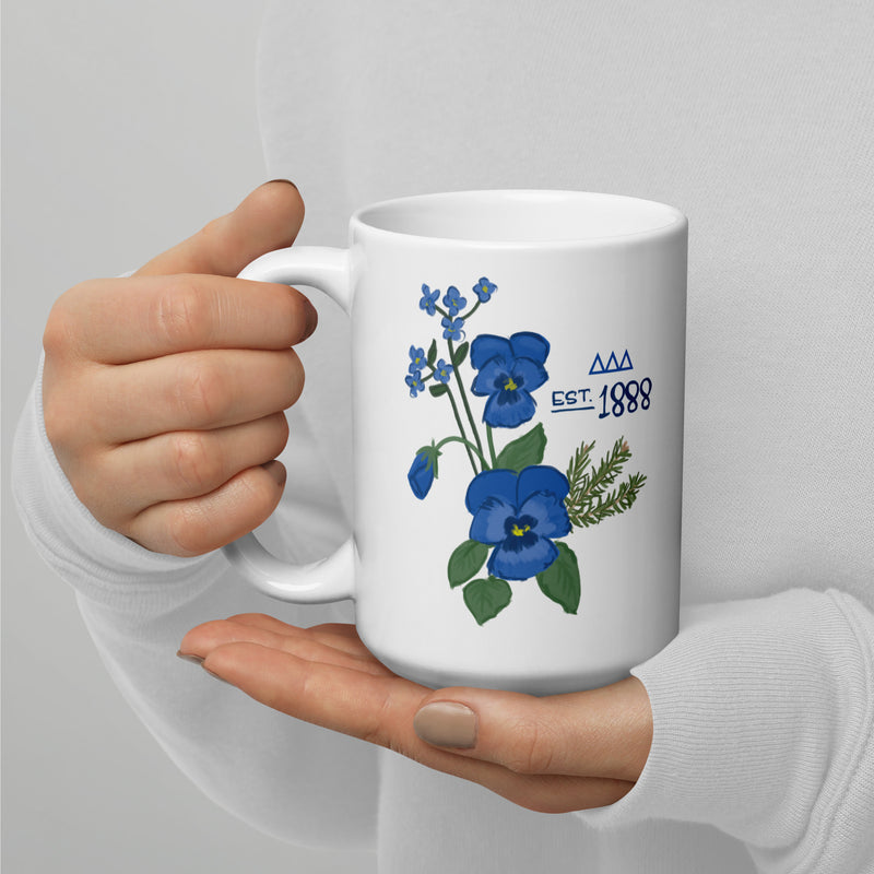 tri delta 1888 white ceramic mug shown in model&