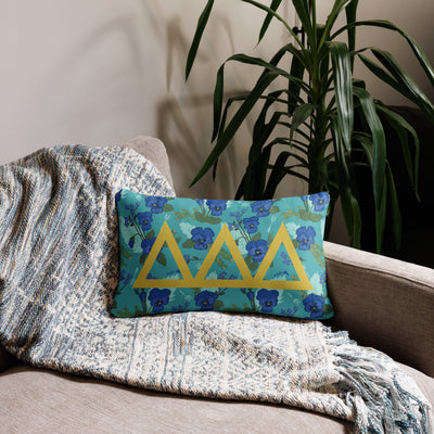 Tri Delta Letters Pillow in 20" x 12" size in rectangular lumbar size shown on couch