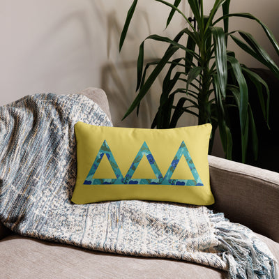 Tri Delta Sorority Pillow in 20" x 12" size shown on couch