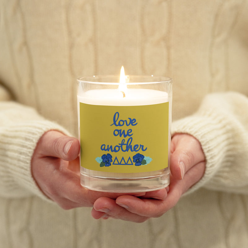 Tri Delta Sorority Soy Candle shown lit in model&