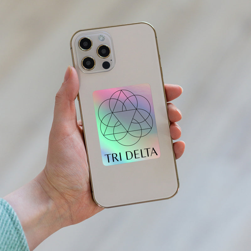 Tri Delta Sorority Sticker shown in 3" square size on cell phone