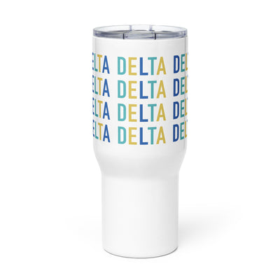 Tri Delta Sorority Travel Mug showing brand colors in repeat pattern