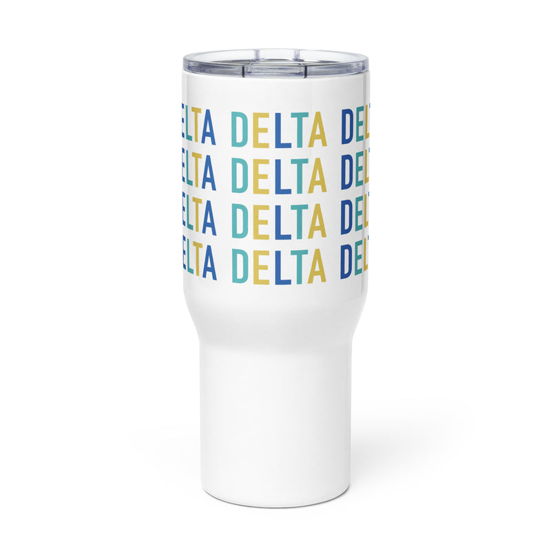 Tri Delta Sorority Travel Mug showing brand colors in repeat pattern