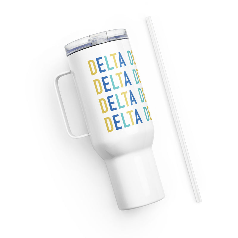 Tri Delta Sorority Travel Mug shown with straw
