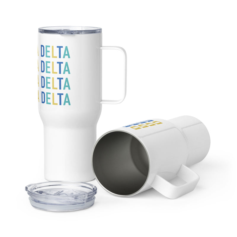 Tri Delta Sorority Travel Mug shown with BPA-free plastic lid