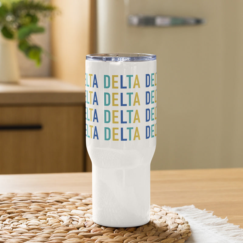 Tri Delta Sorority Travel Mug in lifestyle setting
